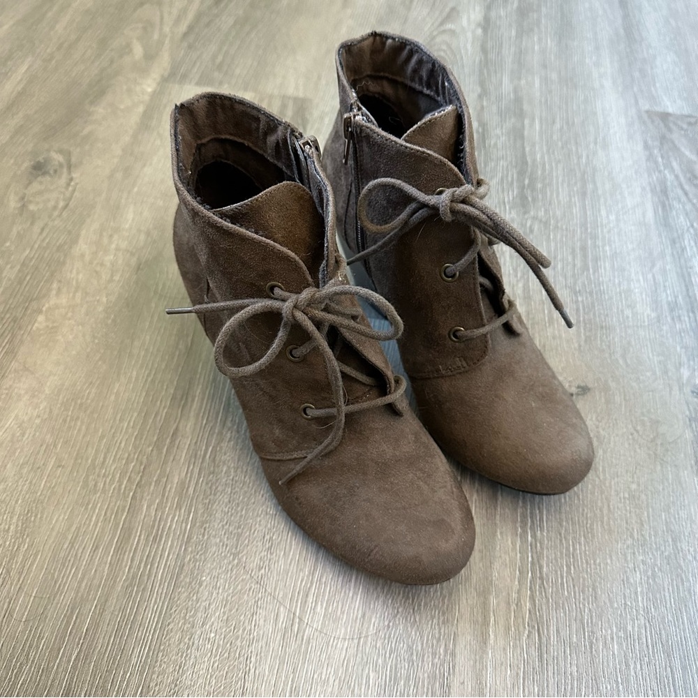 Brown faux-suede booties with lace up front size 8.5
